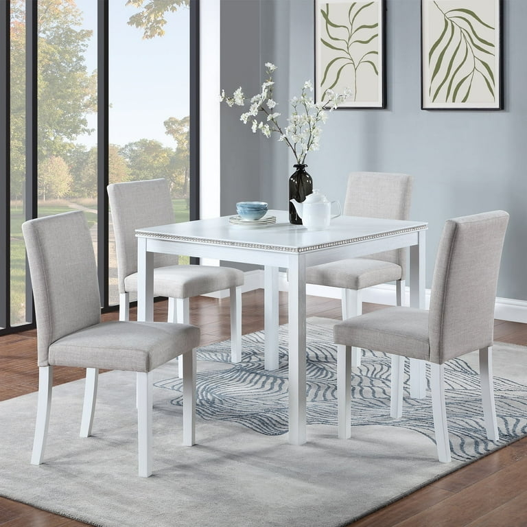 Dining Table Set Square White Beaded Trim Grey Upholstered Chairs