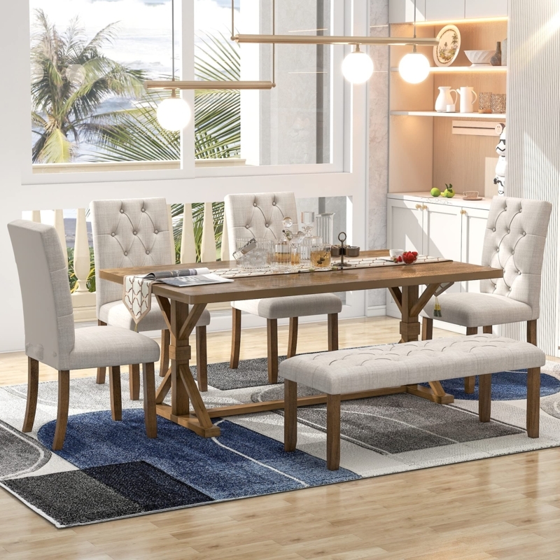 Dining Table Set Trestle Base Button Tufted Beige Upholstered Bench