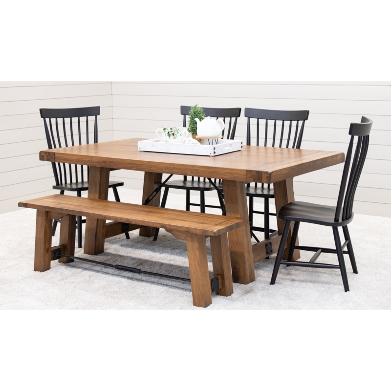 Dining Table Set Trestle Base with Metal Stretcher & Black Spindle Chairs