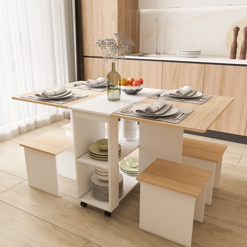 Dining Table Set Tuck Away Stools Folding Leaves Built In Storage