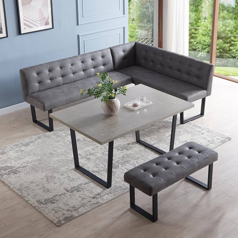 Dining Table Set Tufted Corner Nook Stone-Effect Top Black Metal Legs