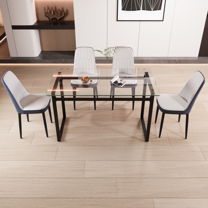 Dining Table Set: Two-Tone Navy and White Quilted Chairs, Black Metal Legs