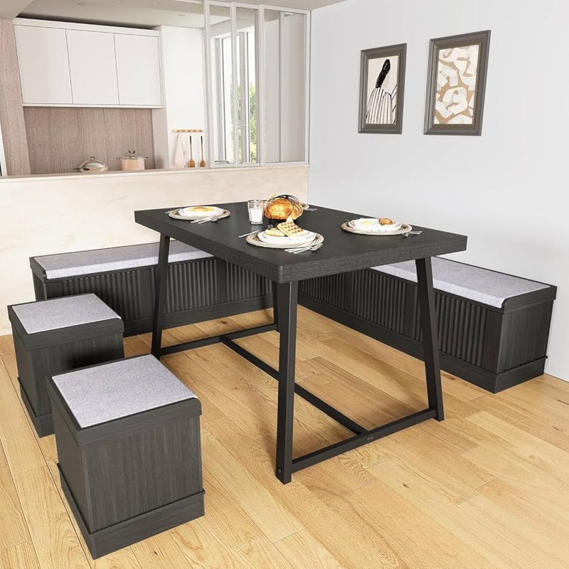 Dining Table Set Vertical Ribbed Texture Storage Seating