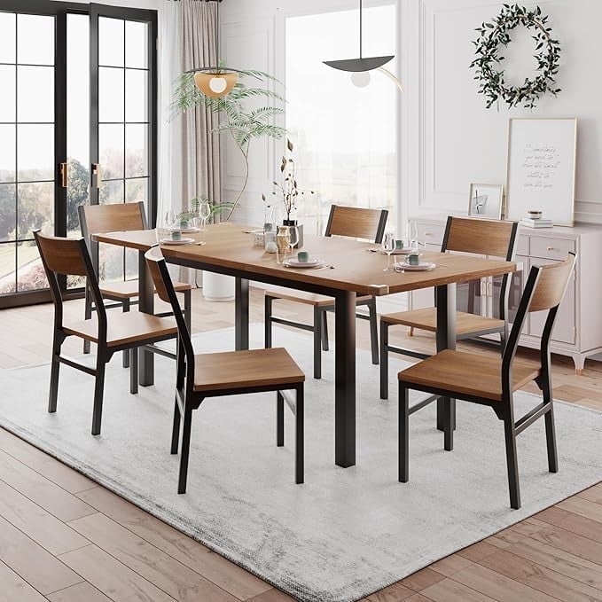 Dining Table Set Walnut Black Metal Frame Industrial Open Back Chairs