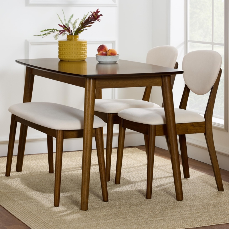 Dining Table Set Walnut Upholstered Bench Cream Chairs Mid-Century