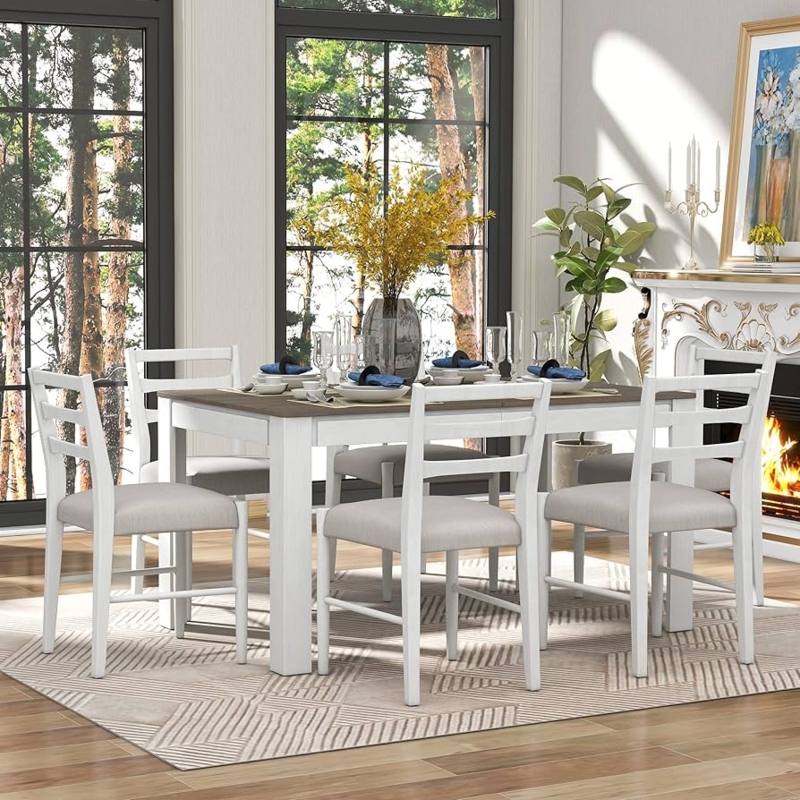 Dining Table Set White and Brown Ladder Back Chairs Extendable Table