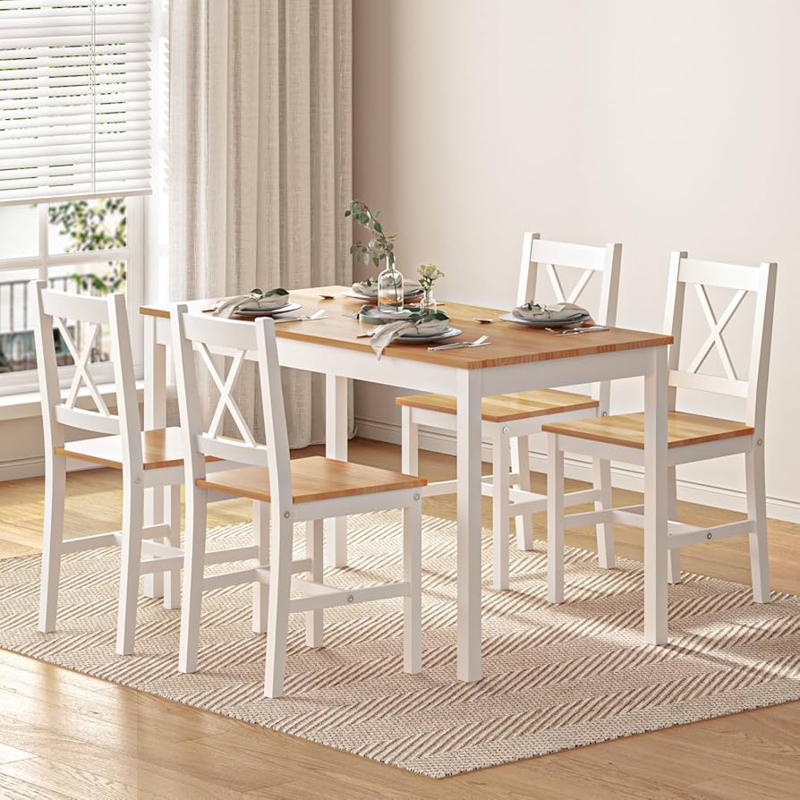 Dining Table Set White and Oak X-Back Detail Transitional 5-Piece