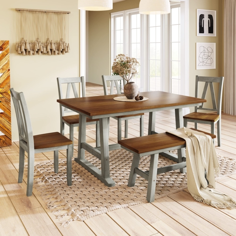 Dining Table Set, White and Wood 6-Piece with Bench