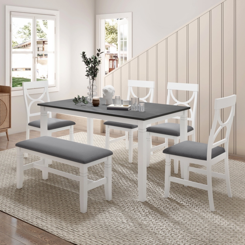 Dining Table Set White & Charcoal Cross Back 6-Piece With Bench
