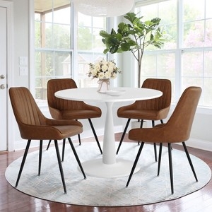 Dining Table Set White Pedestal Round Top Tan Channel Stitched Chairs