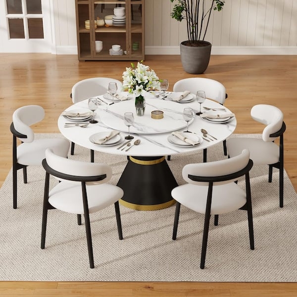 Dining Table Set White Stone Round Lazy Susan Black Conical Pedestal