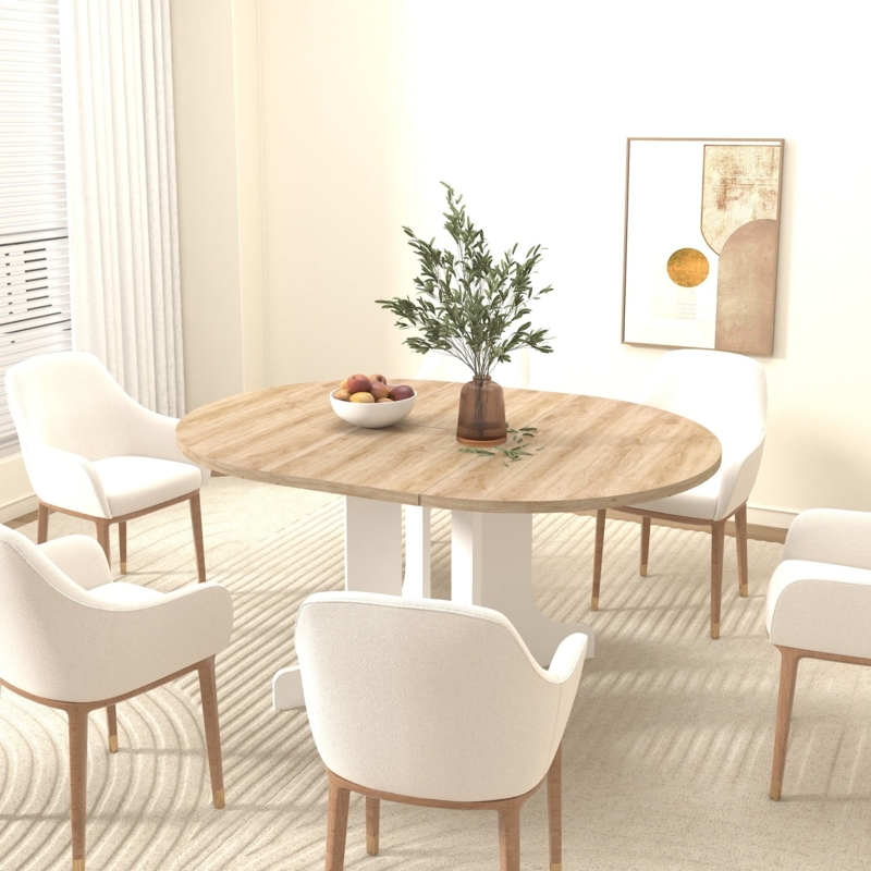 Dining Table Set, White Trestle Base with Cream Upholstered Chairs
