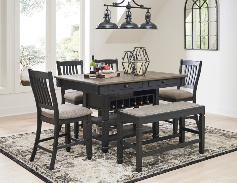 Dining Table Set Wine Rack Storage Two Tone Finish 6 Piece