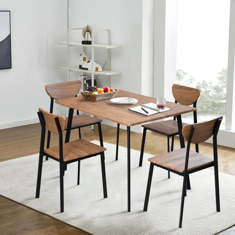 Dining Table Set with Curved Back Chairs and Black Metal Legs