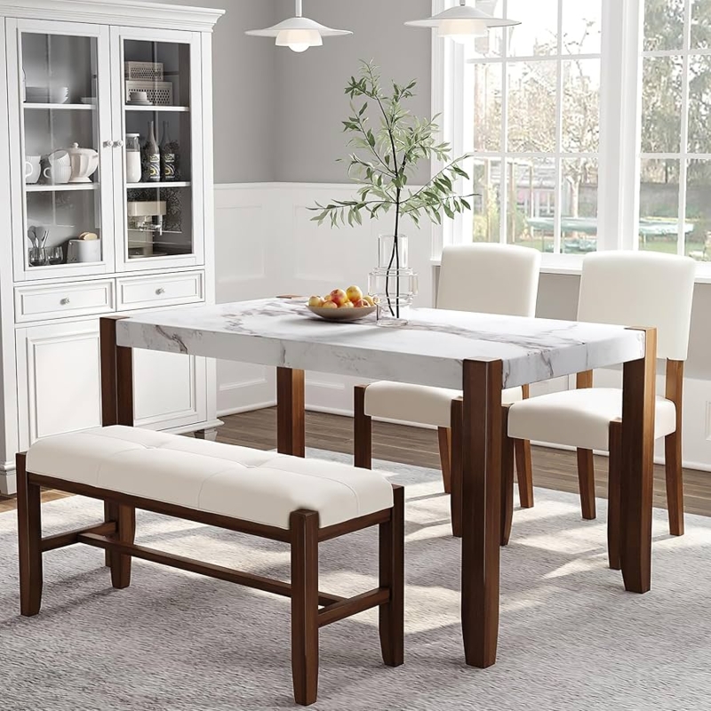 Dining Table Set with Faux Marble Top and Tufted Bench, 4-Piece