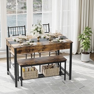 Dining Table Set with Storage Bench Industrial Distressed Wood Metal
