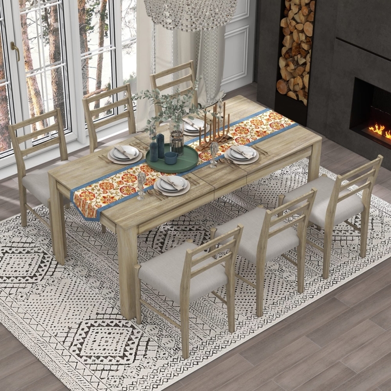 Dining Table Set with Storage Drawers, Extendable Light Oak, Rustic Modern