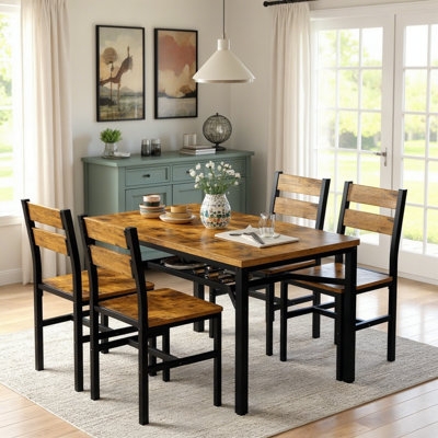 Dining Table Set Wood Metal Frame Under Table Storage Industrial