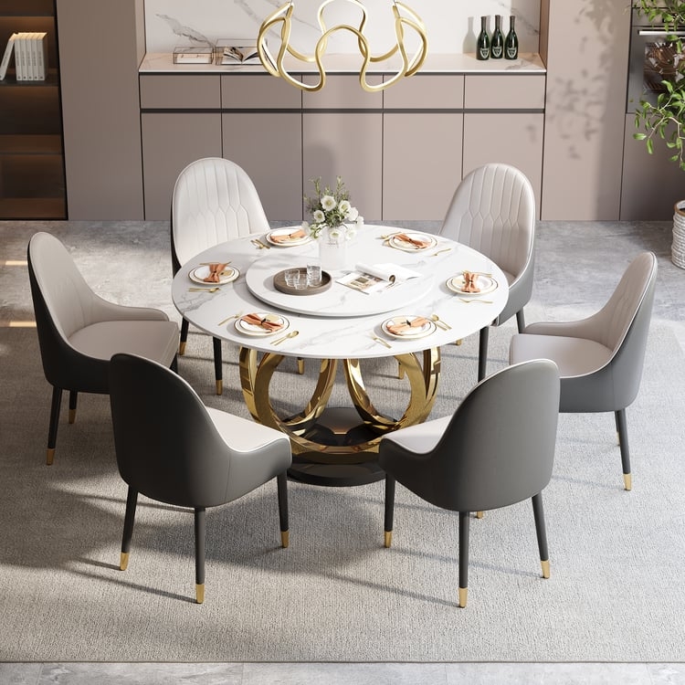 Dining Table Sets 59" Round Faux Marble Top Dining Table White & Gray with 6 Chairs