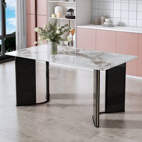 Dining Table Slab Pedestal Legs Black Gloss Gold Trim Stone Top