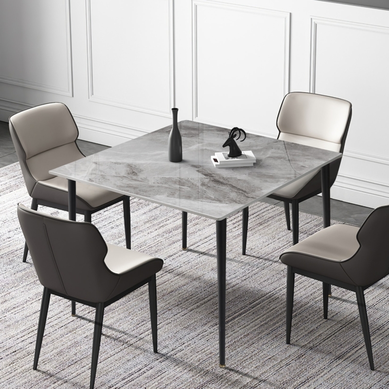 Dining Table Square Artificial Marble Top Black Tapered Legs Small