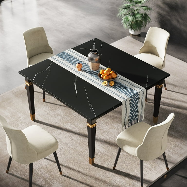 Dining Table Square Black Faux Marble Top Gold Leg Accents Glossy