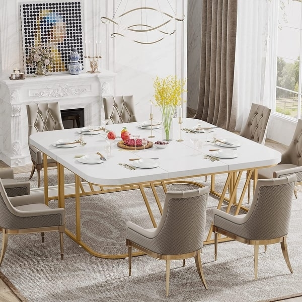 Dining Table Square Glam White Gold Geometric Base Diamond Quilt