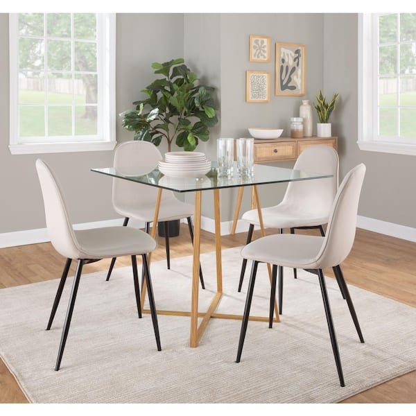 Dining Table: Square Glass Top, Wood-Toned Metal X-Stretch Base