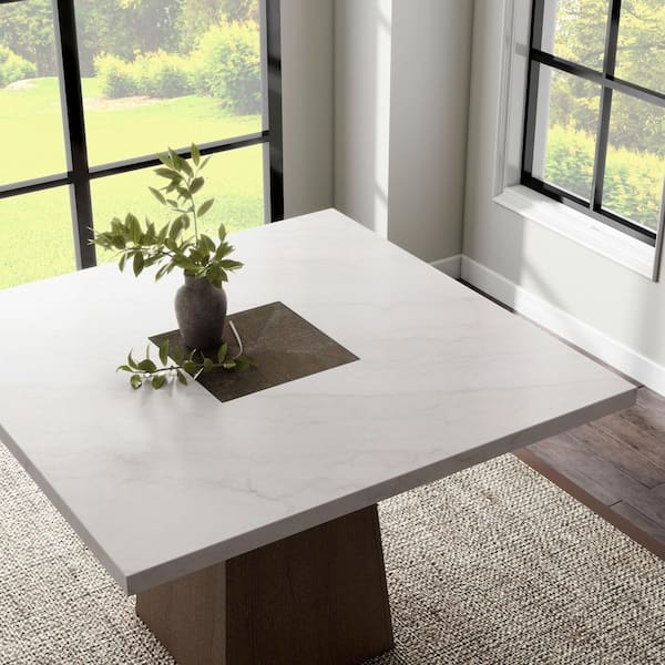 Dining Table Square Marble Top Dark Walnut Pedestal Seats 6