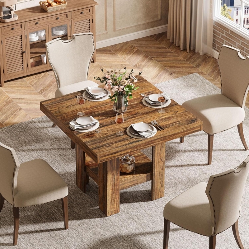 Dining Table Square Metal Frame Lower Shelf Storage Kitchen Nook