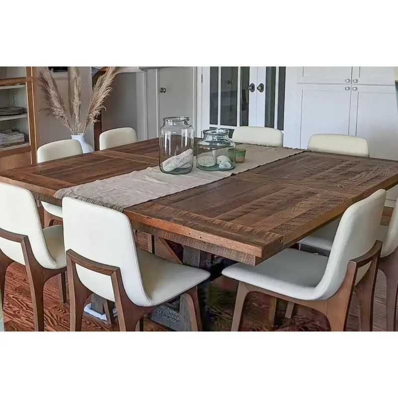 Dining Table Square Reclaimed Wood Plank Top Cream Upholstered Chairs