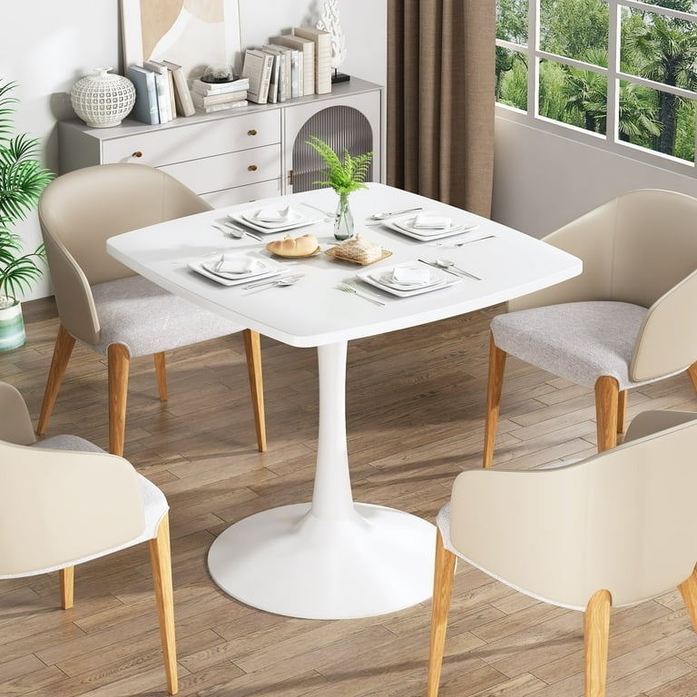 Dining Table Square White Mid-Century with Tulip Pedestal Base