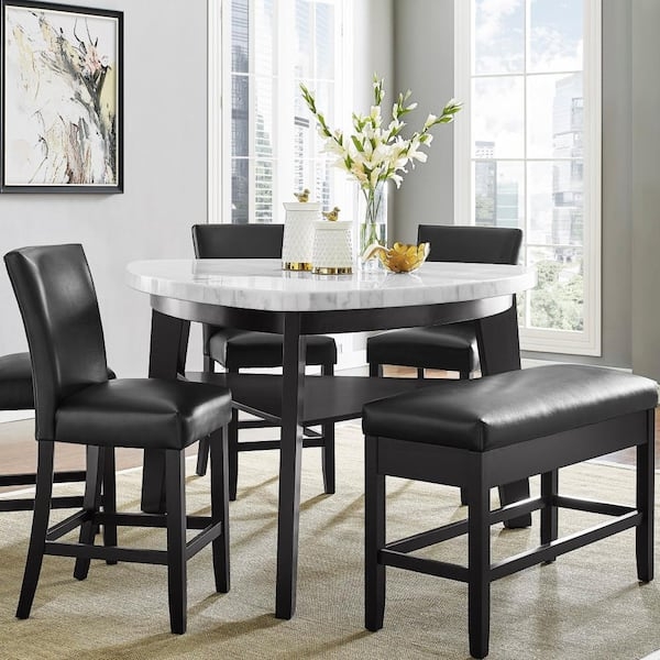Dining Table Triangular Top Counter Height Black Base Marble Look