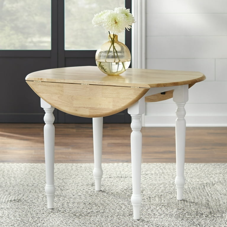 Dining Table Two Tone Round Drop Leaf White Turned Legs Farmhouse