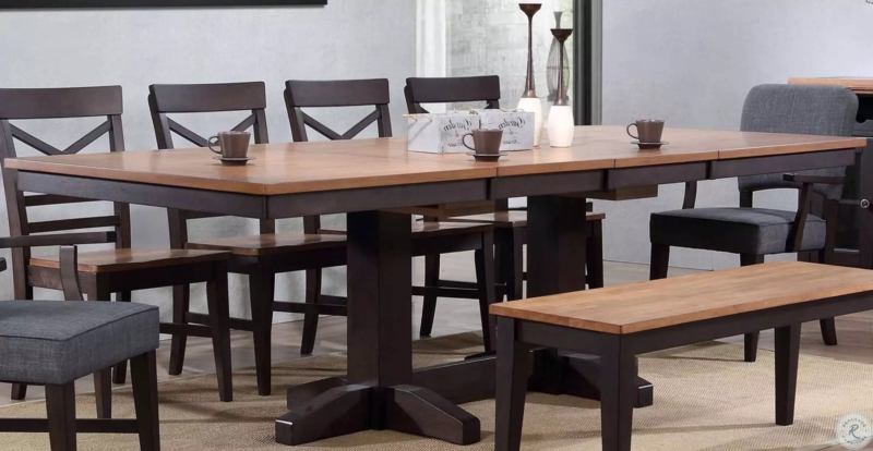 Dining Table Two Tone Trestle Base Extendable Leaves Black Oak
