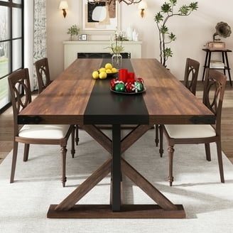 Dining Table Two-Tone Trestle X-Base Walnut with Black Center Stripe