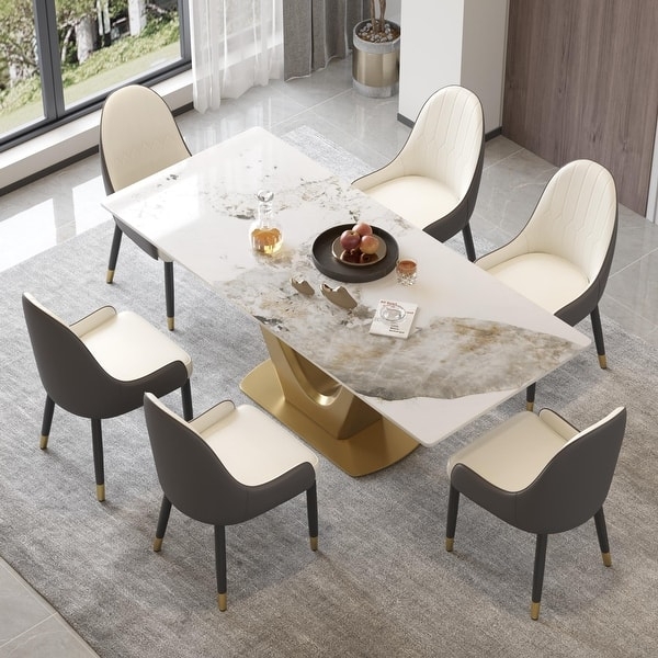 Dining Table V-Shaped Pedestal Gold Base Marble Look Top