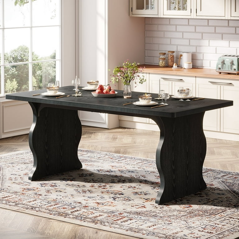 Dining Table Wavy Pedestal Legs Black Wood Grain Sculptural Base