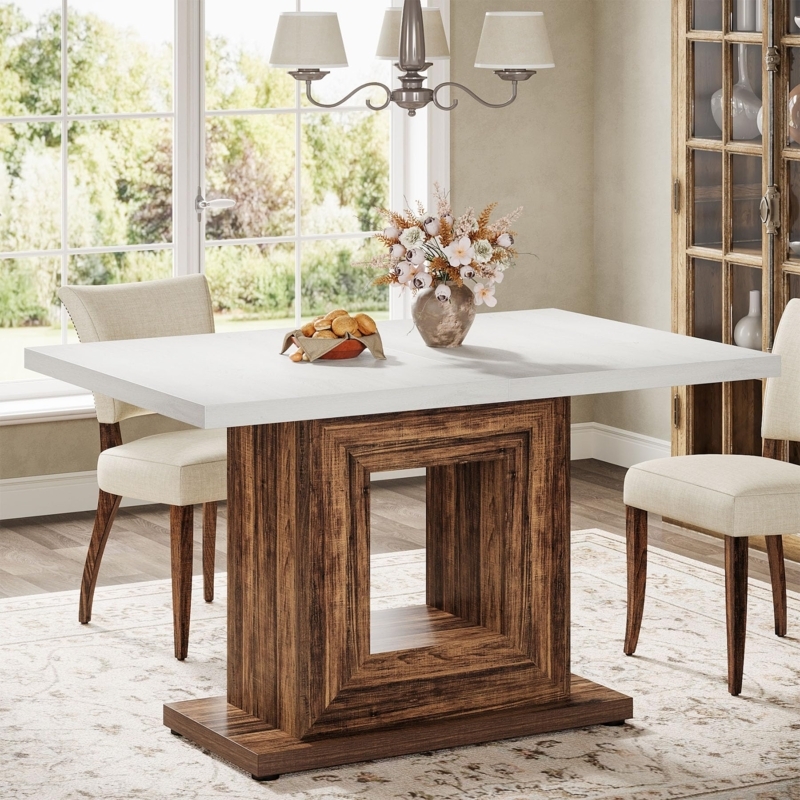 Dining Table White & Brown with Hollow Square Pedestal Base