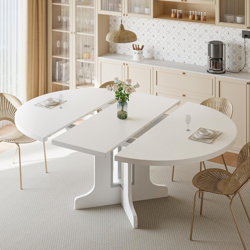 Dining Table White Extendable with Heavy Modern Pedestal Base