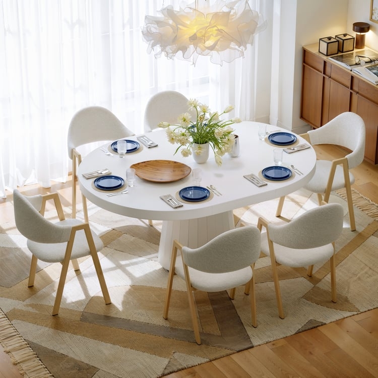Dining Table White Oval Pedestal Extendable Japandi Minimalist