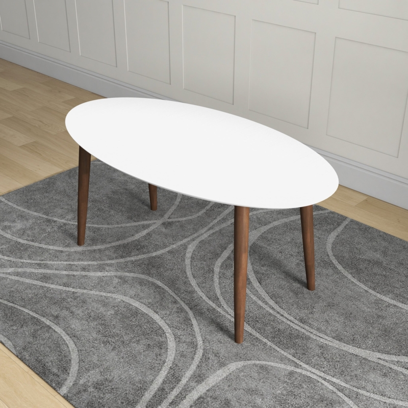 Dining Table White Oval Top Tapered Wood Legs Mid Century Modern