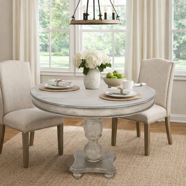 Dining Table Whitewashed Distressed Finish Carved Pedestal Round Top