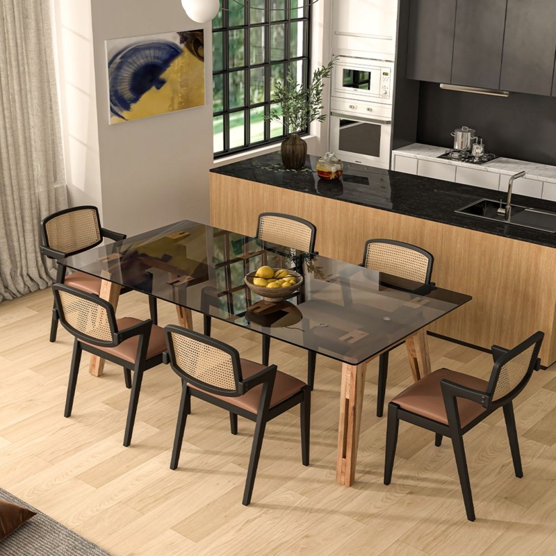 Dining Table with Cane Back Chairs and Tapered Wood Legs Smoked Glass