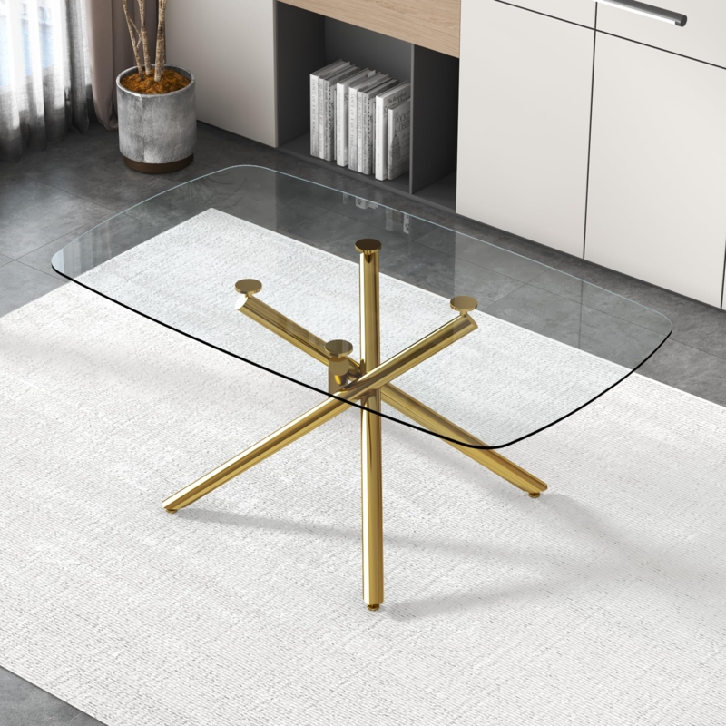 Dining Table with Gold Starburst Base, Rectangular Glass Top