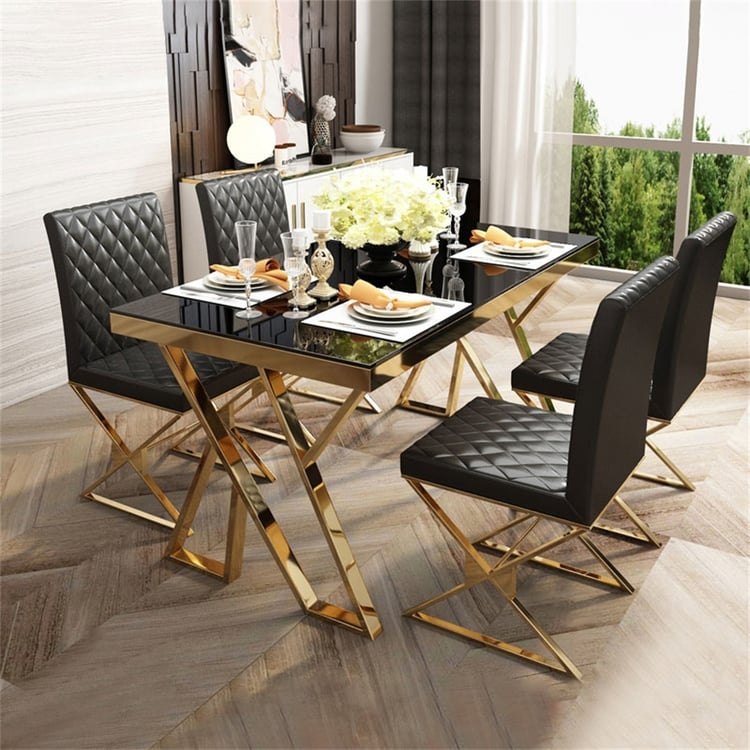 Dining Table with Gold X-Base and Diamond Tufting Luxury Furniture