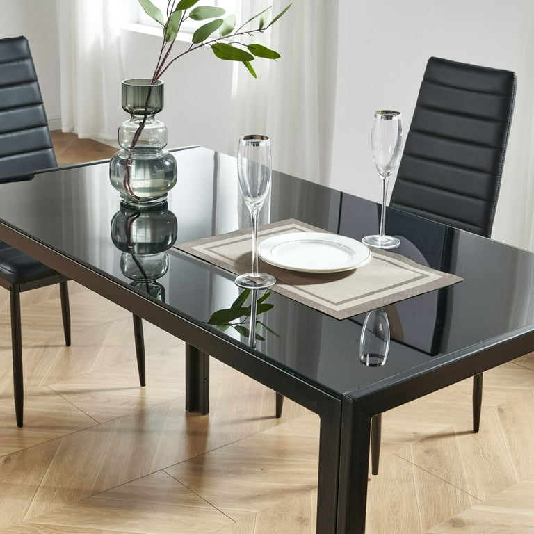 Dining Table with Horizontal Chair Stitching and Metal Frame Glossy Top