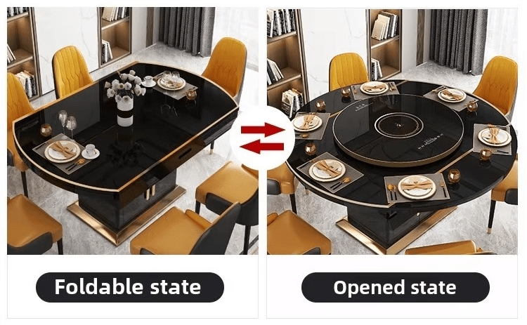 Dining Table with Induction Cooktop, Black Glass and Gold Trim