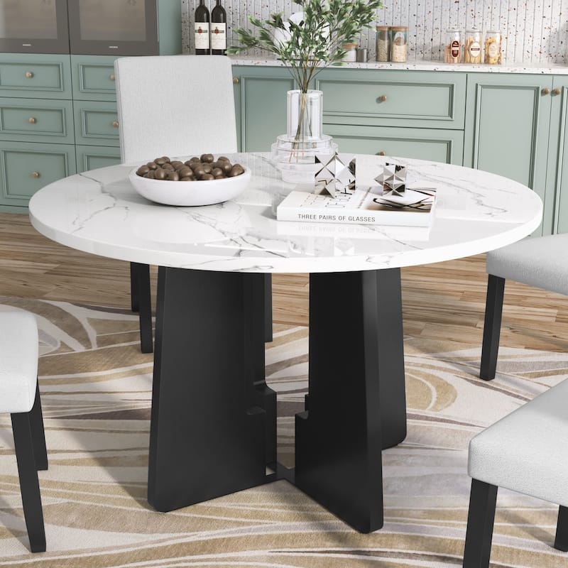Dining Table with Interlocking Base Design and Faux Marble Top