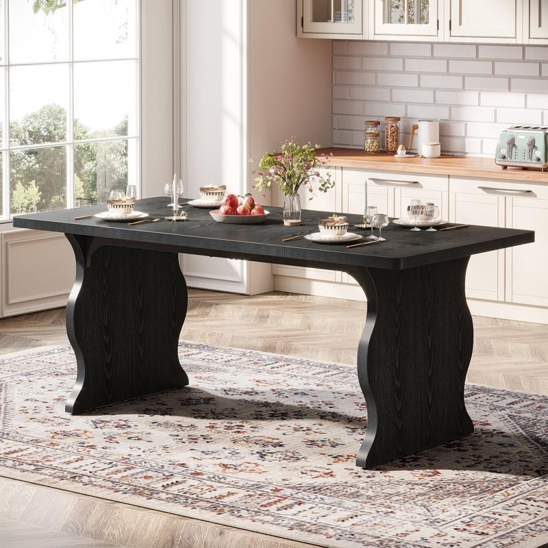 Dining Table with Sculpted Pedestal Base and Matte Black Wood Grain